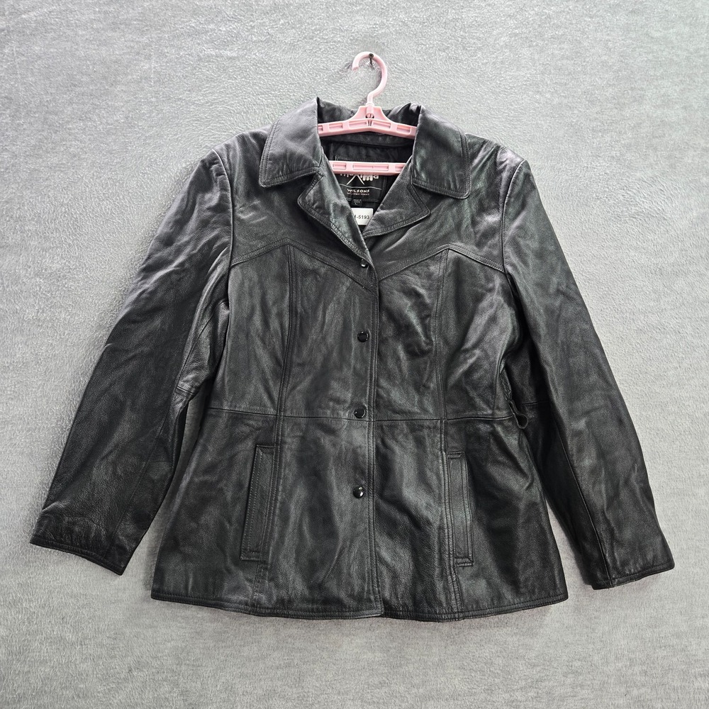 Maxima Wilsons Women Jacket Large Black 100% Leather Collar Pockets Long Sleeve